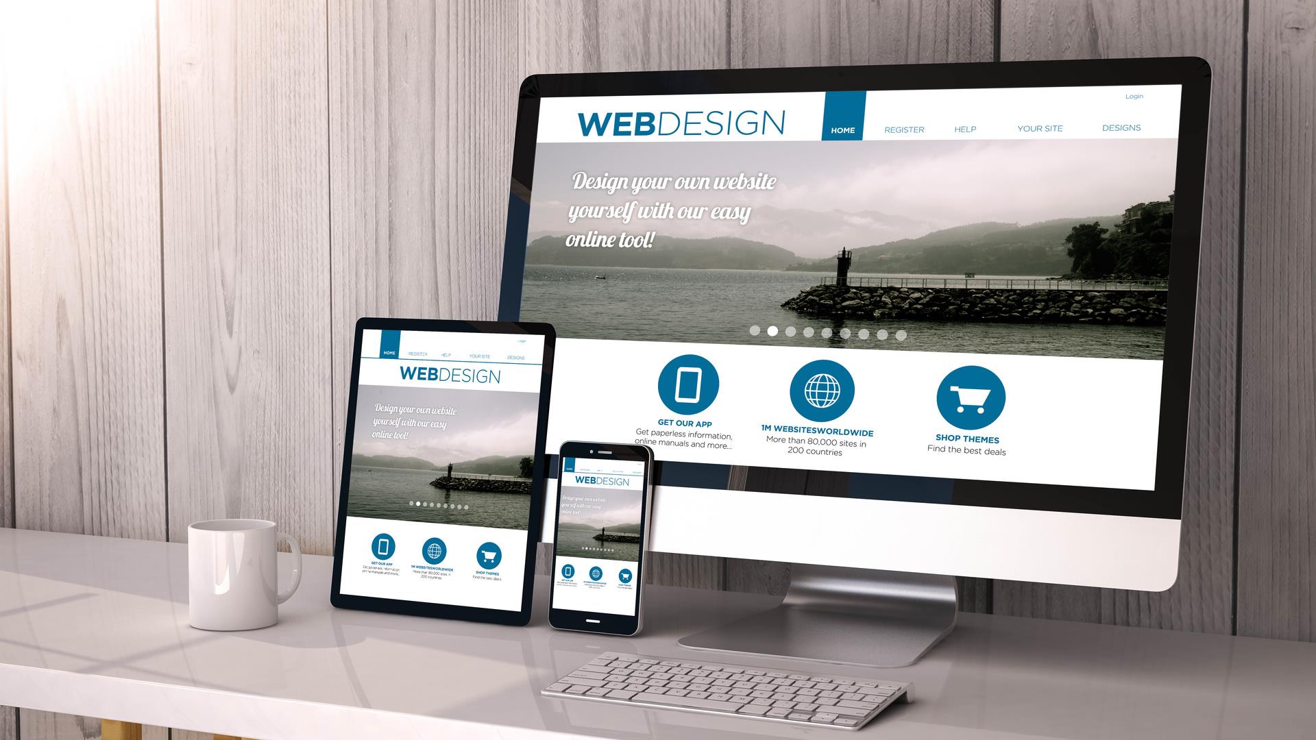 how-to-build-your-drupal-8-theme-using-bootstrap-less Digital generated devices on desktop, responsive blank mock-up with web design fluid template website on screen. All screen graphics are made up.